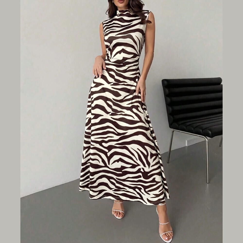 Black and White Zebra Print Stand Collar Sleeveless Maxi Dress